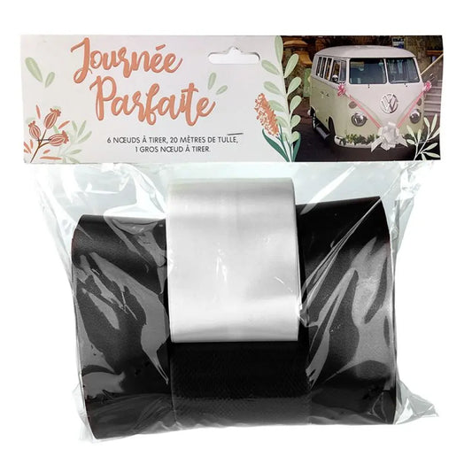 Kit Déco Voiture - 6 Nœuds à Tirer, 20m de Tulle et 1 Gros Nœud à Tirer