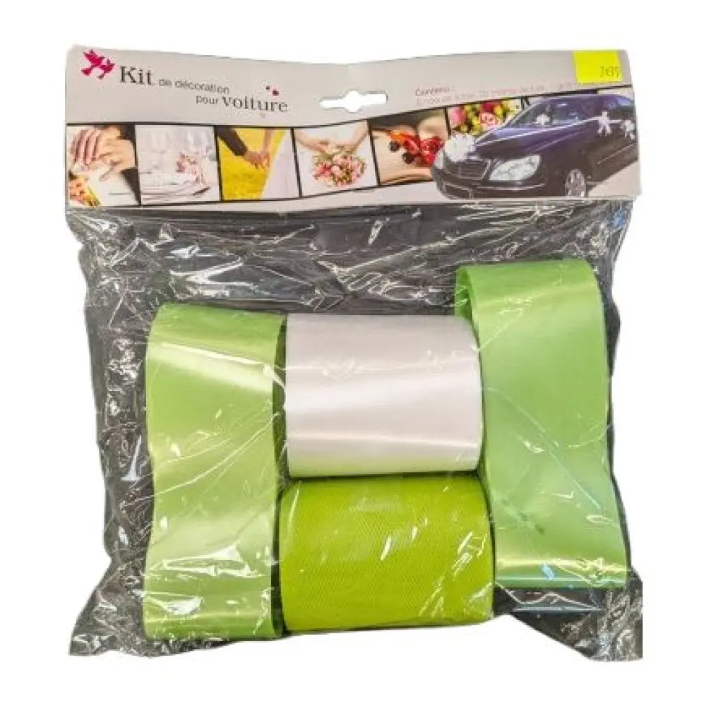 Kit Déco Voiture - Vert Pomme - 6 Nœuds à Tirer, 20m de Tulle et 1 Gros Nœud à Tirer