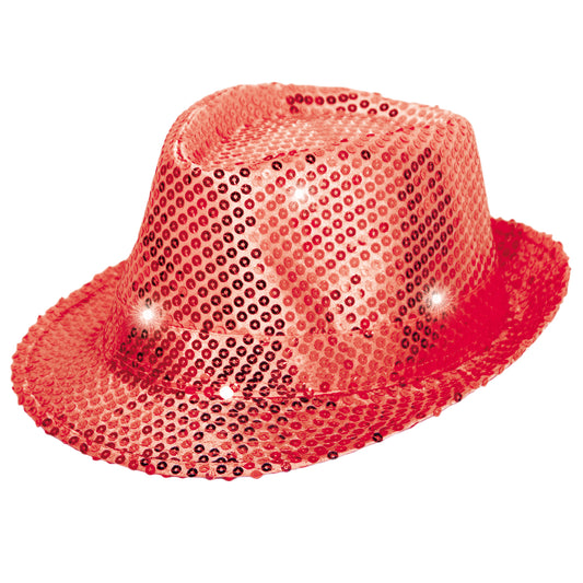 Chapeau Trilby Rouge avec Lampes LED et Paillettes