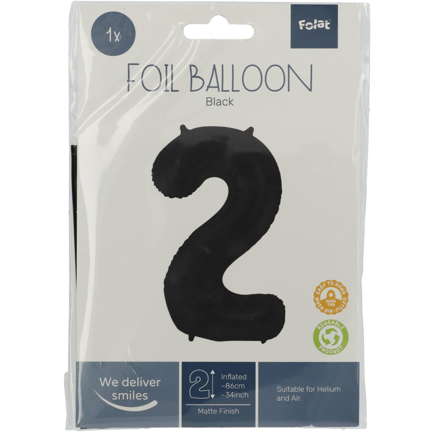 Ballon aluminium Chiffre 2 Noir Mate Métallique - 86 cm