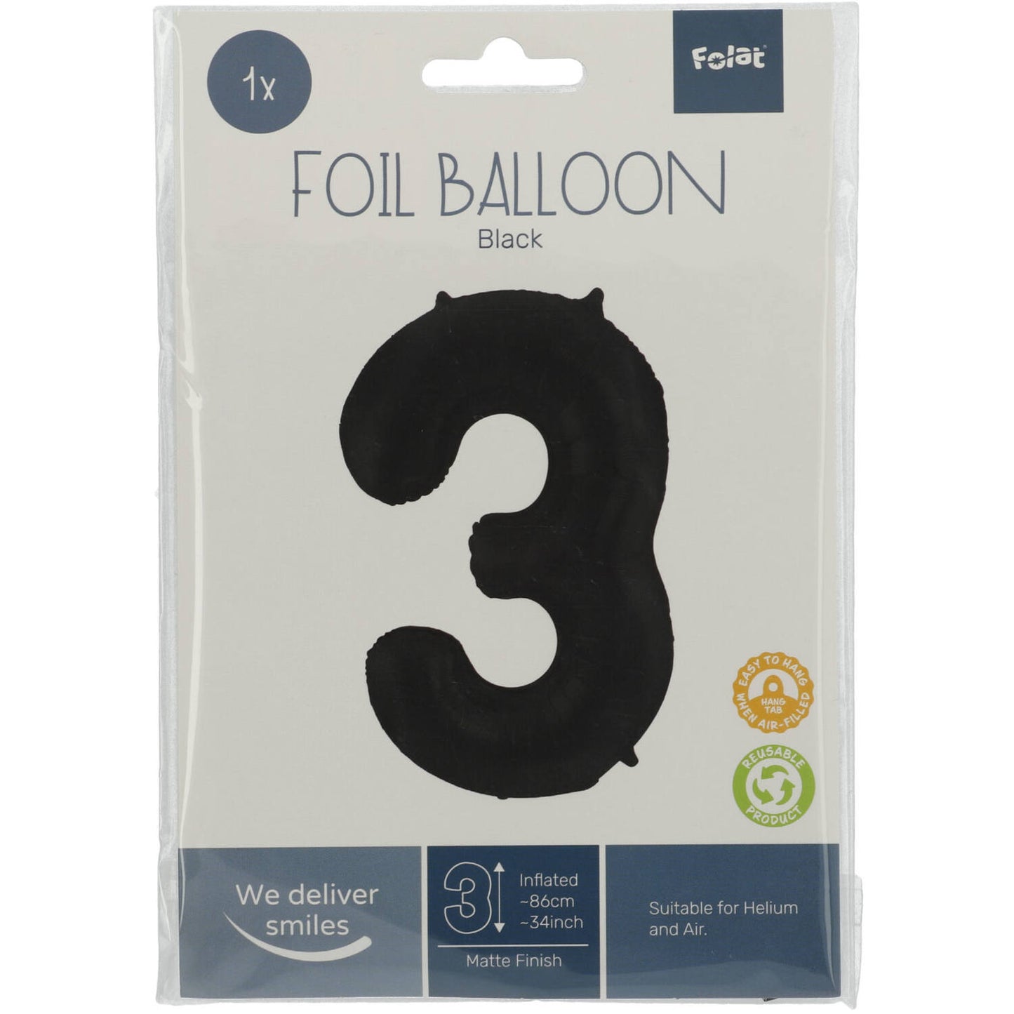 Ballon aluminium Chiffre 3 Noir Mate Métallique - 86 cm