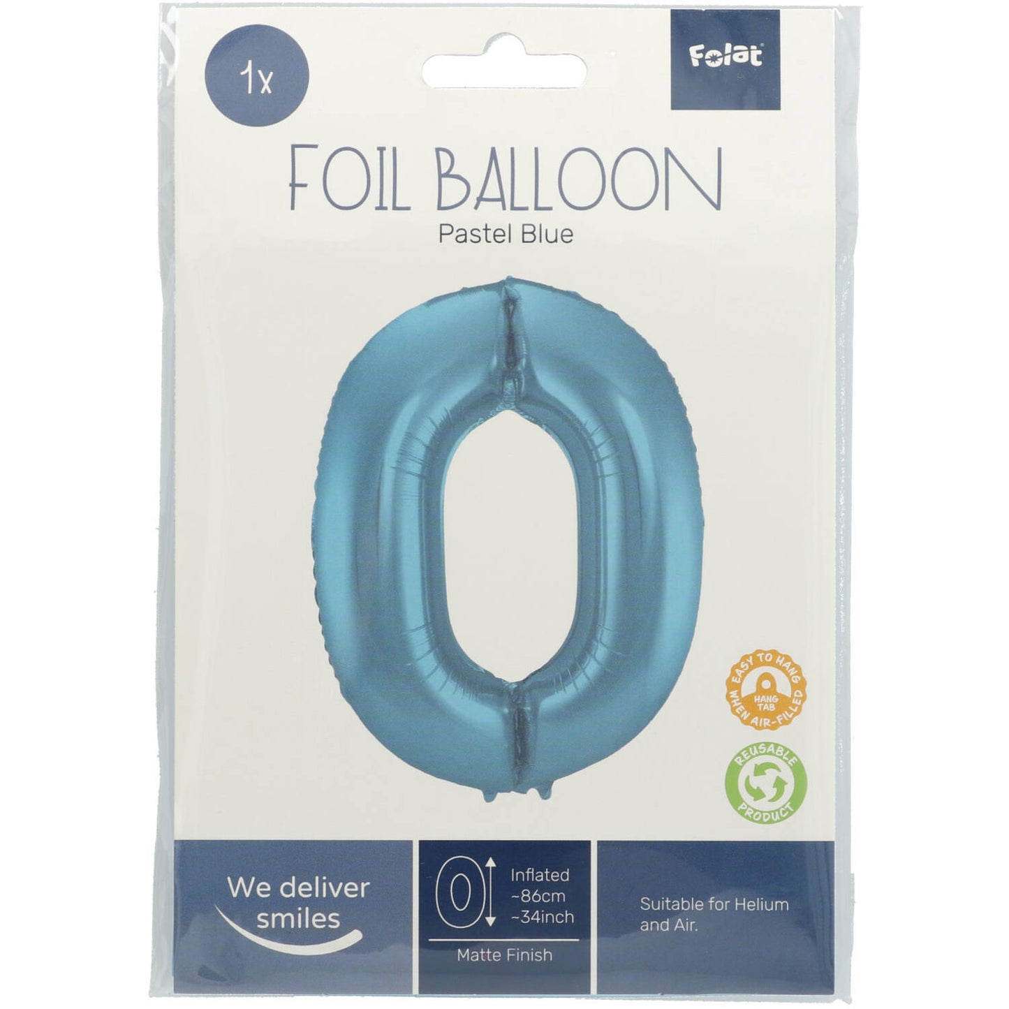 Ballon aluminium Chiffre 0 Bleu Pastel Mate Métallique - 86 cm