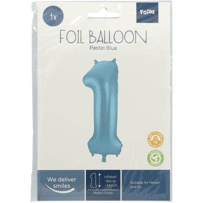 Ballon aluminium Chiffre 1 Bleu Pastel Mate Métallique - 86 cm