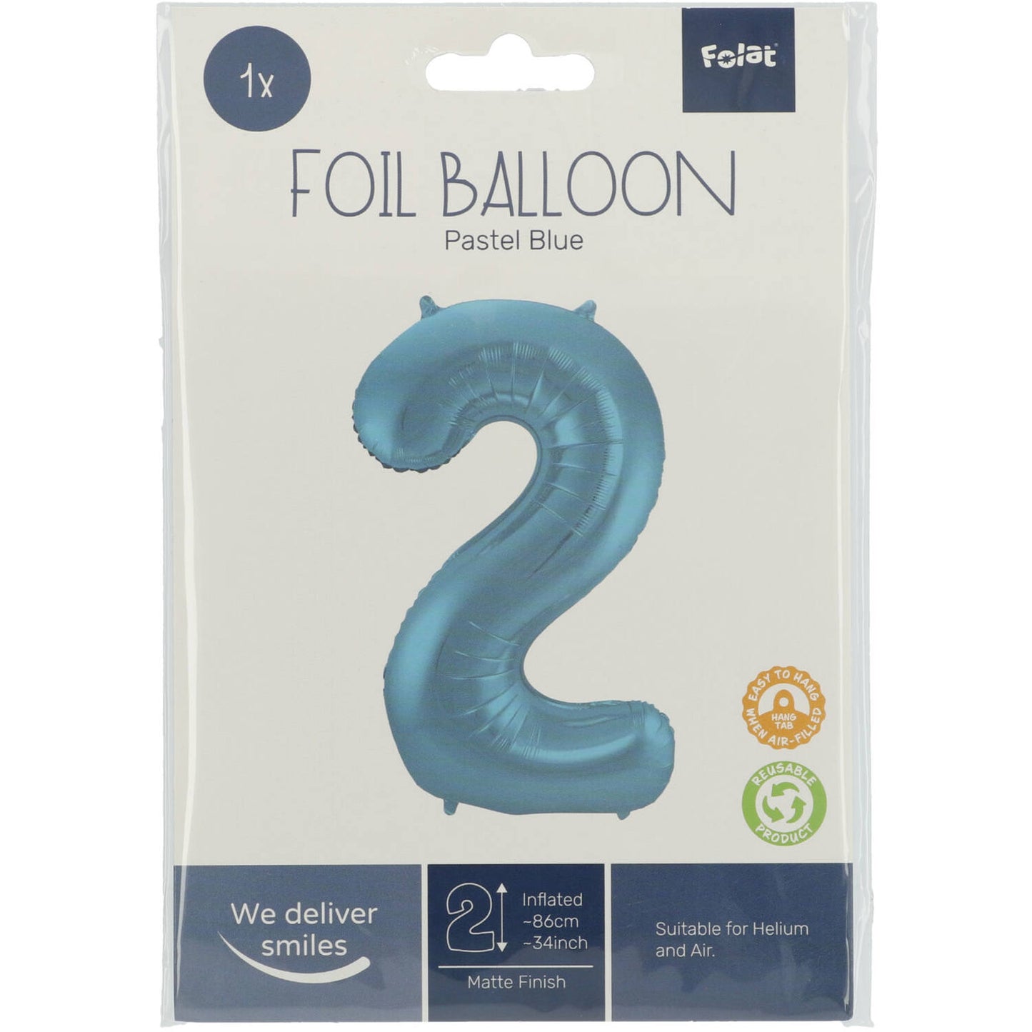 Ballon aluminium Chiffre 2 Bleu Pastel Mate Métallique - 86 cm