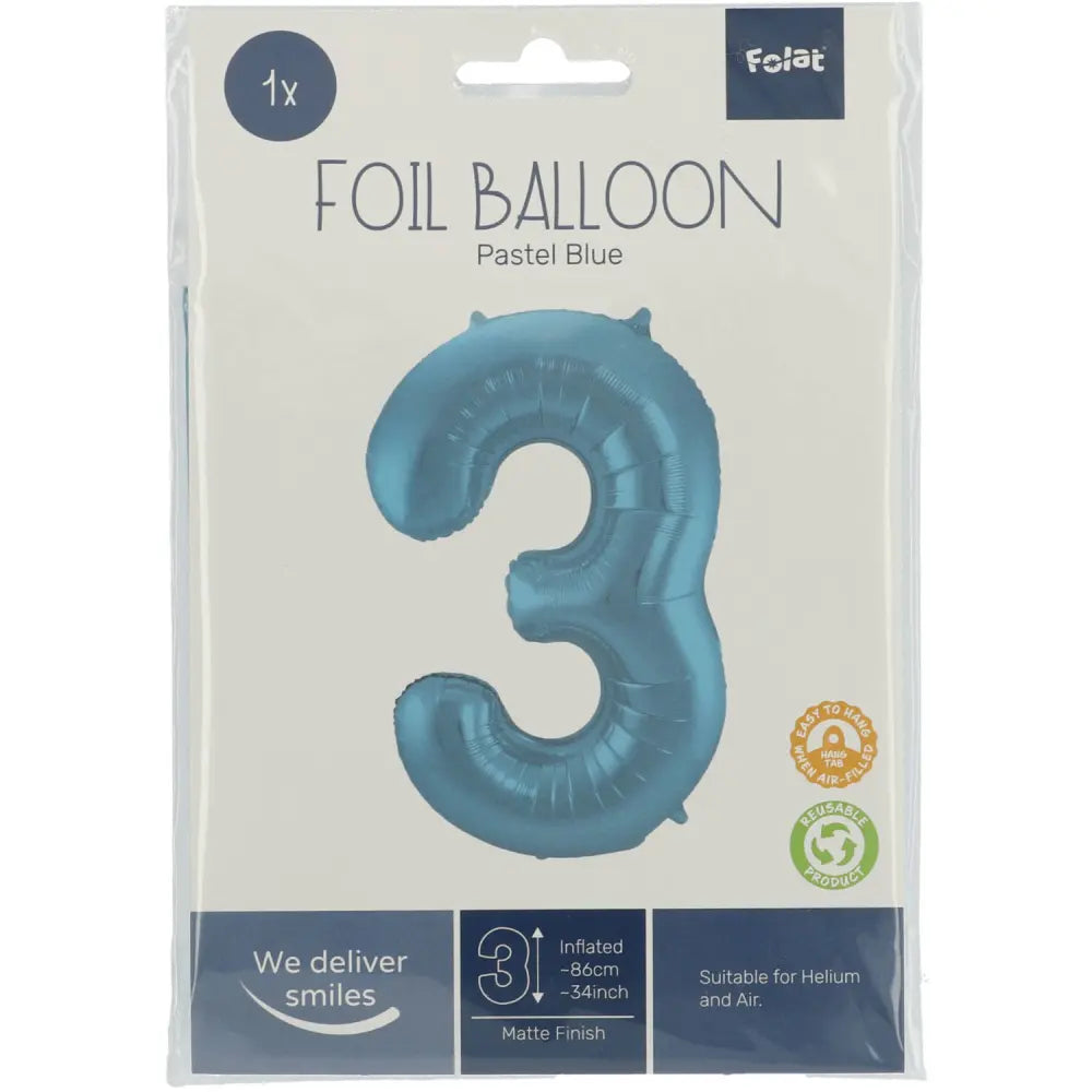Ballon aluminium Chiffre 3 Bleu Pastel Mate Métallique - 86 cm