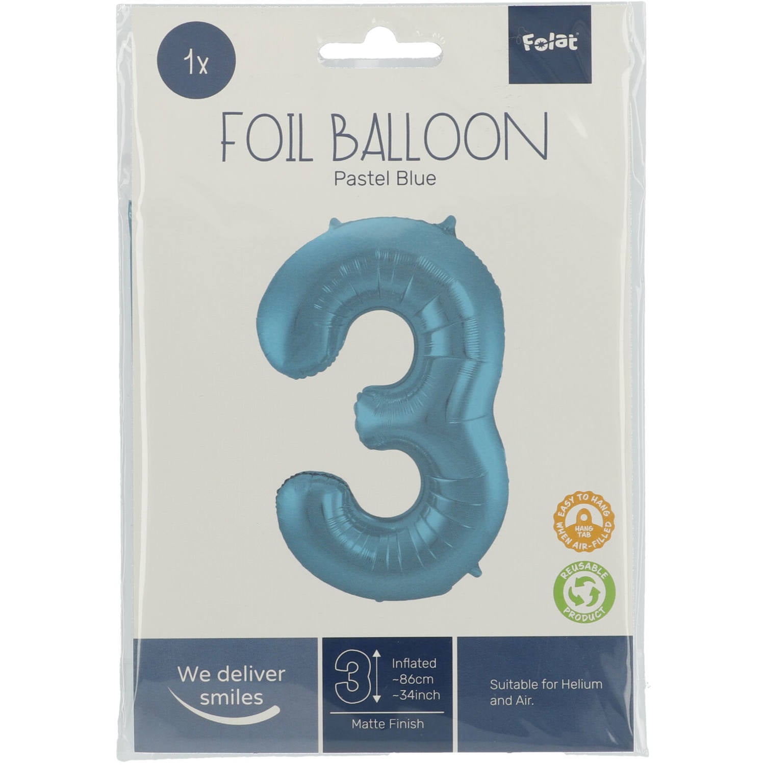 Ballon aluminium Chiffre 3 Bleu Pastel Mate Métallique - 86 cm