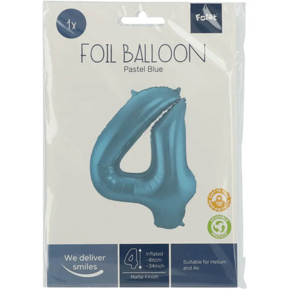 Ballon aluminium Chiffre 4 Bleu Pastel Mate Métallique - 86 cm