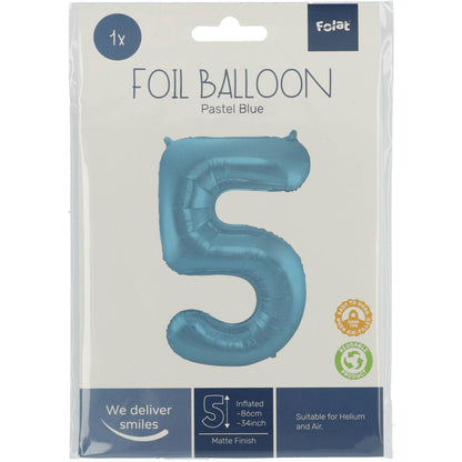 Ballon aluminium Chiffre 5 Bleu Pastel Mate Métallique - 86 cm