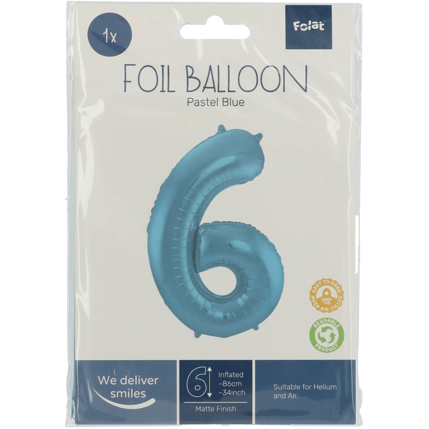 Ballon aluminium Chiffre 6 Bleu Pastel Mate Métallique - 86 cm