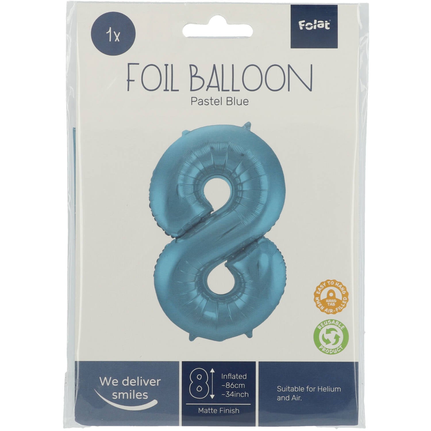 Ballon aluminium Chiffre 8 Bleu Pastel Mate Métallique - 86 cm