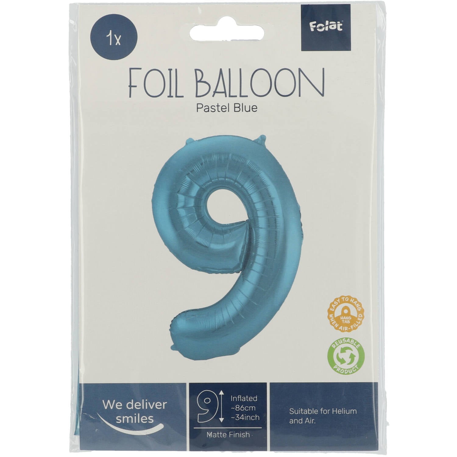 Ballon aluminium Chiffre 9 Bleu Pastel Mate Métallique - 86 cm