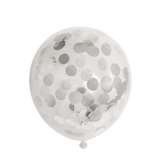Ballon Transparent - Confetti Metallic Argenté - Vendu par 6 - Ø 12 / 30 cm