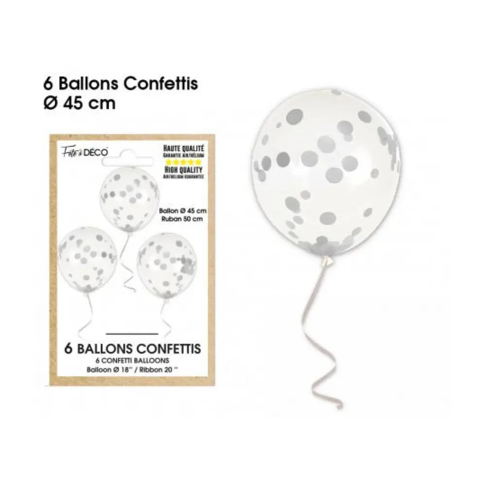 Ballon Transparent - Confetti Argenté -  Vendu par 6 - Ø 12 / 30 cm
