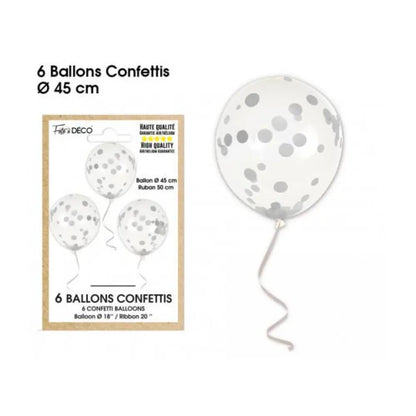 Ballon Transparent - Confetti Argenté -  Vendu par 6 - Ø 12 / 30 cm