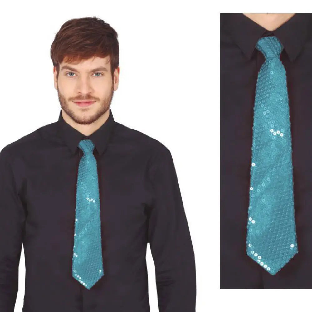 Cravate Sequins Bleu Ciel 35cm