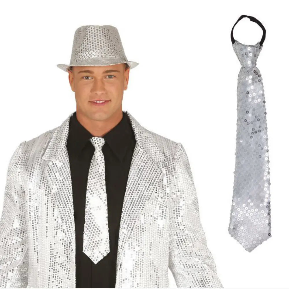 Cravate Sequins Argent 35cm