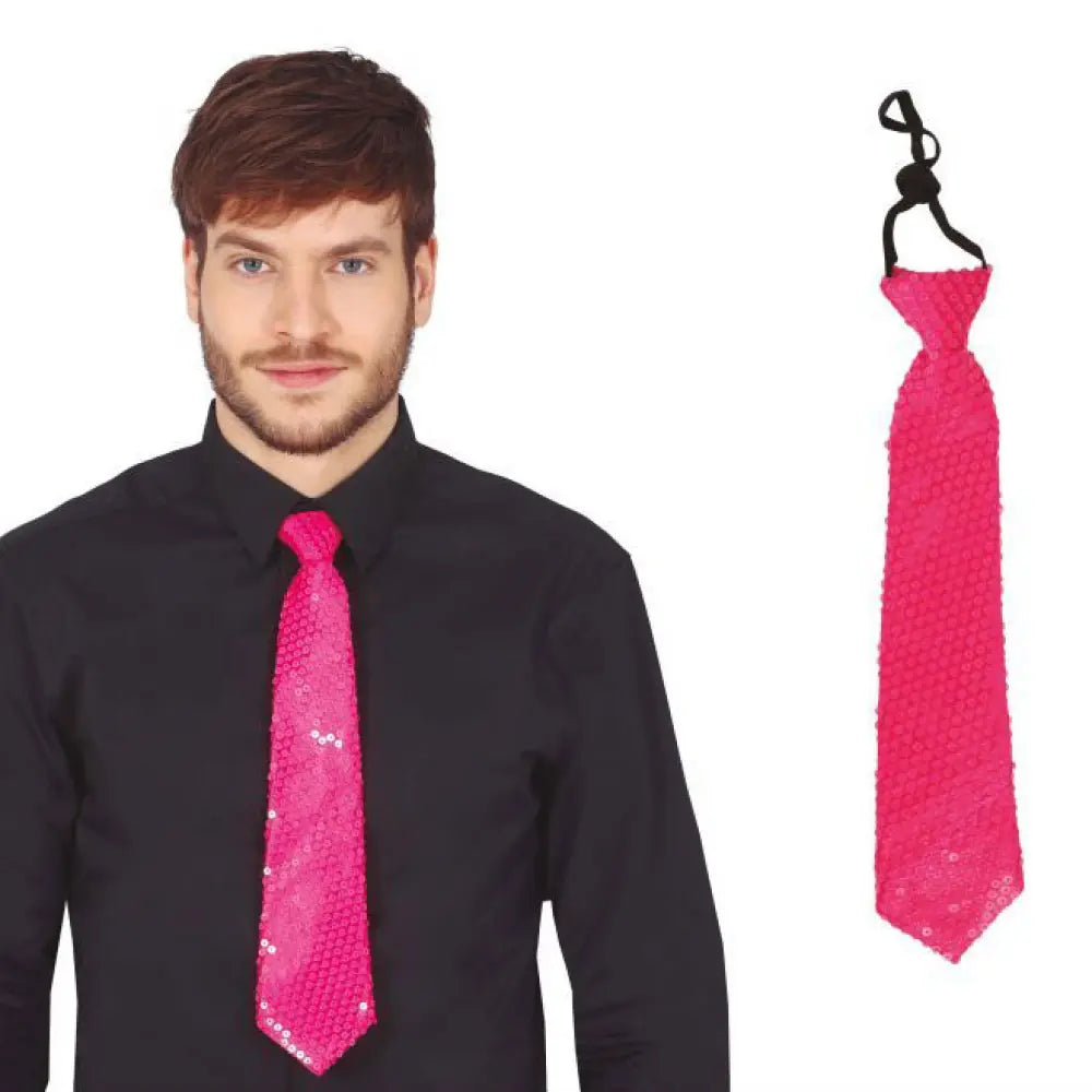 Cravate Sequins Rose Fluo 35cm