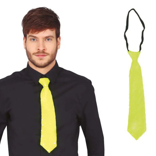 Cravate Sequins Jaune Fluo 35cm