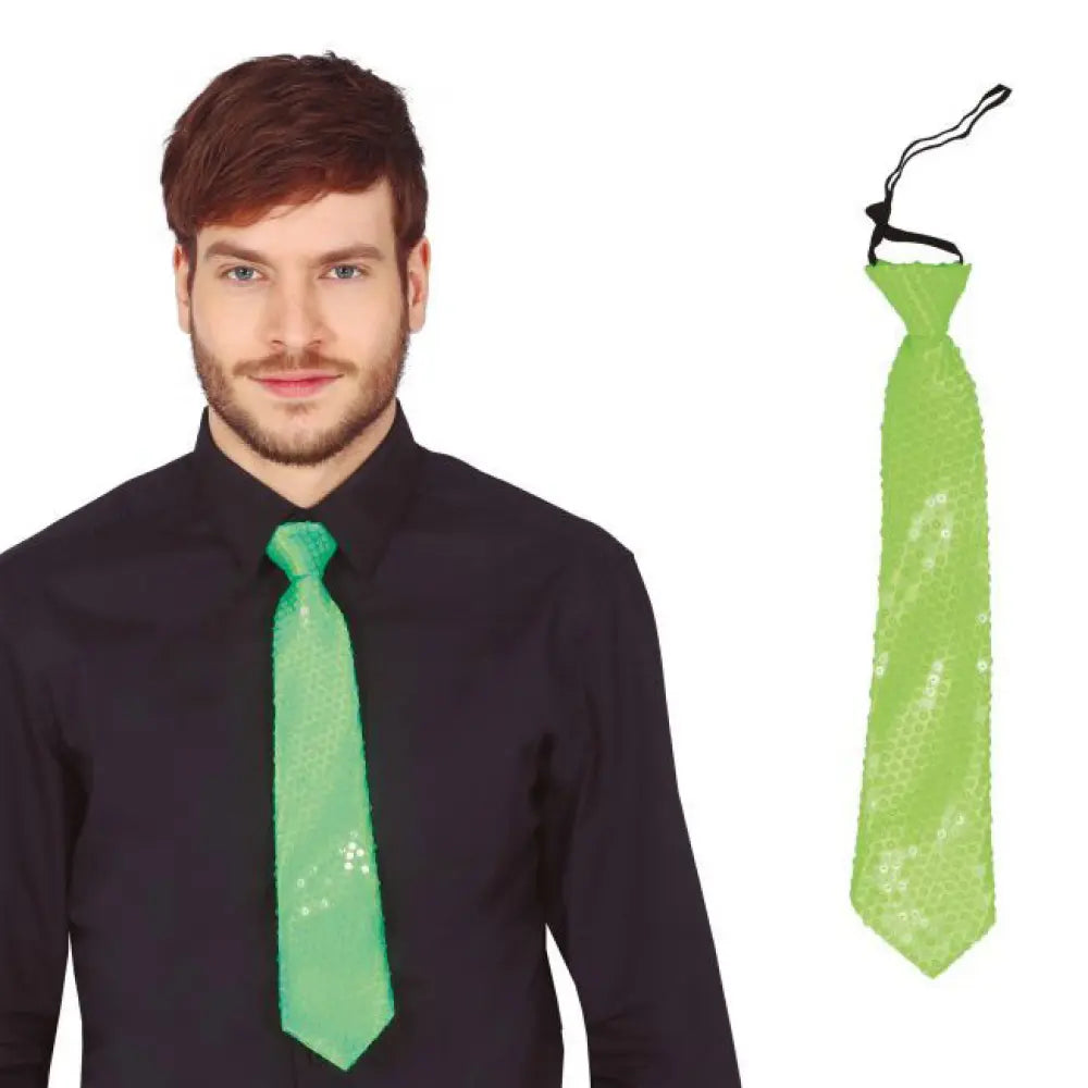 Cravate Sequins Vert Fluo 35cm