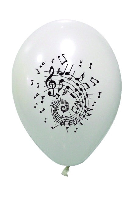 BALLONS IMPRIMES NOTES DE MUSIQUE 25-32 cm (x 8) Blanc