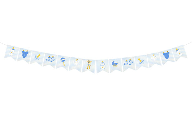 GUIRLANDE 14 FANIONS PAPIER BABY SHOWER RECTO-VERSO (5 m) BLEU CIEL