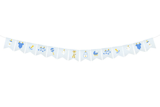 GUIRLANDE 14 FANIONS PAPIER BABY SHOWER RECTO-VERSO (5 m) BLEU CIEL