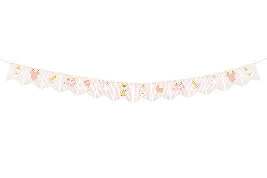 GUIRLANDE 14 FANIONS PAPIER BABY SHOWER RECTO-VERSO (5 m) ROSE