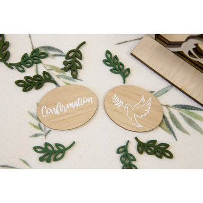 6 Décos à parsemer "confirmation" et colombe en bois naturel - 4 x 3 cm