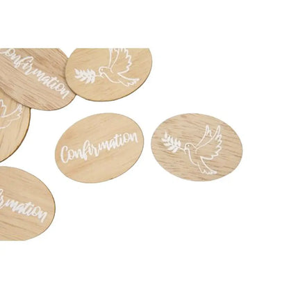 6 Décos à parsemer "confirmation" et colombe en bois naturel - 4 x 3 cm