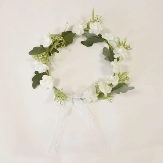 Couronne de Fleurs et Feuilles avec Ruban Dentelle