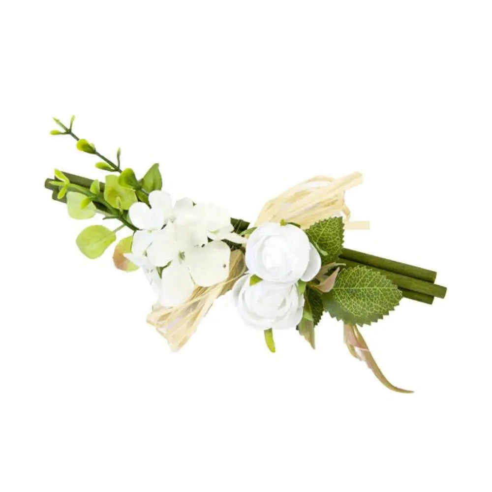 Fagot bois avec boutons de rose fleurettes feuillage - blanc - 18x8 cm
