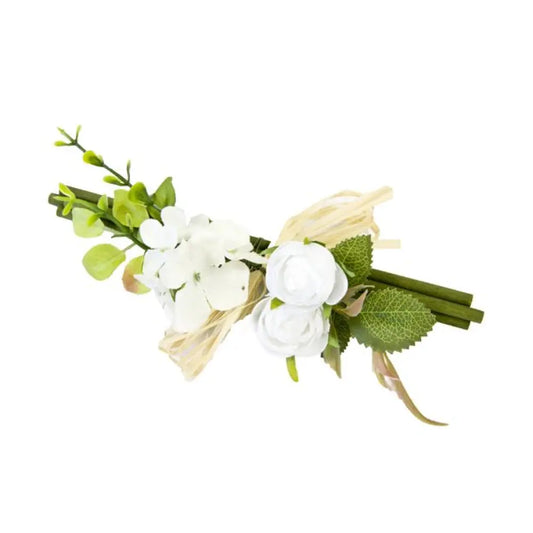 Fagot bois avec boutons de rose fleurettes feuillage - blanc - 18x8 cm