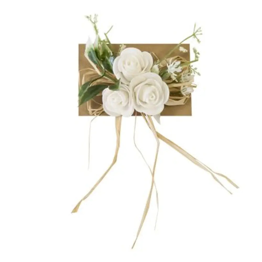 Rosettes Blanc sur Carte - avec Raphia et Feuillage