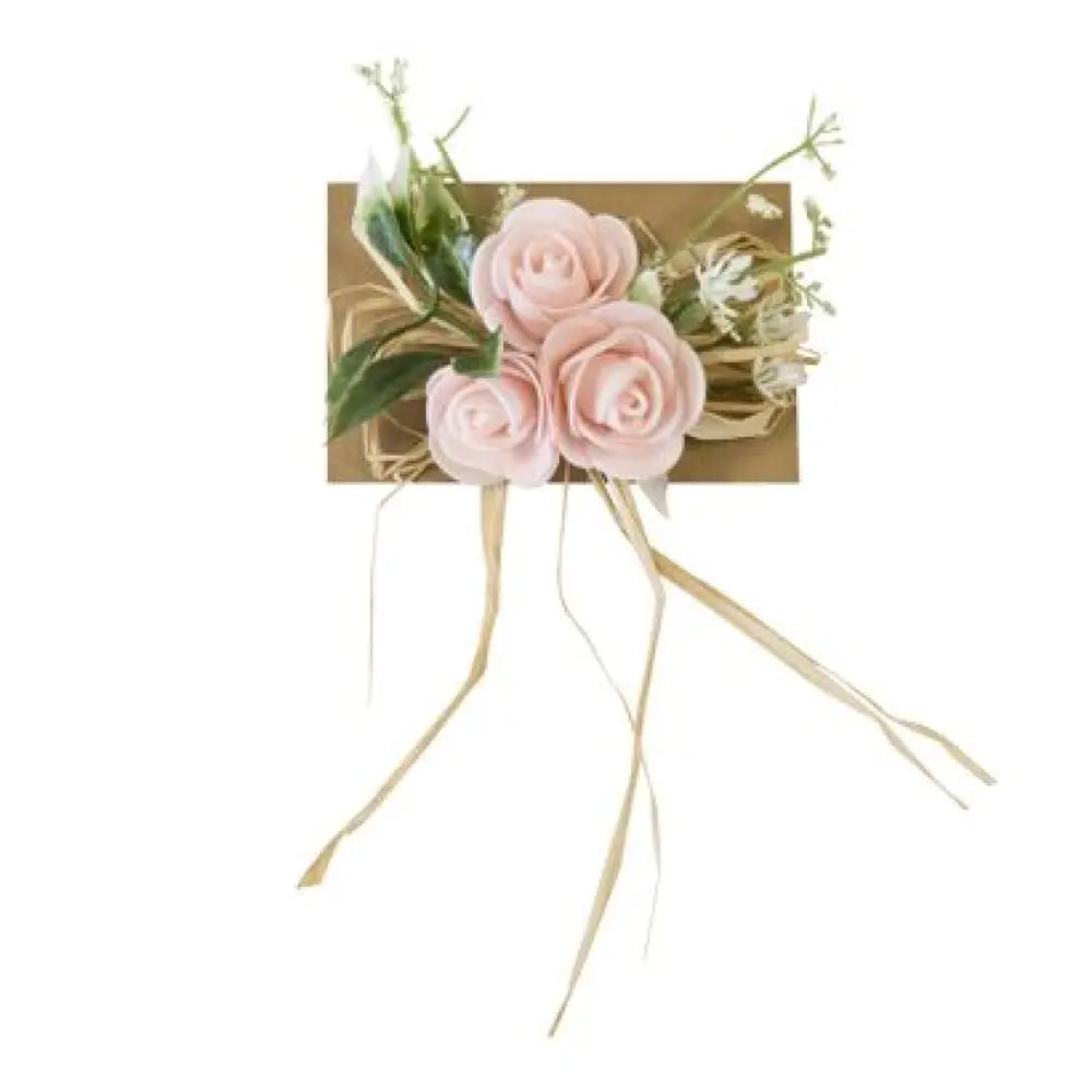 Rosettes Rose sur Carte - avec Raphia et Feuillage