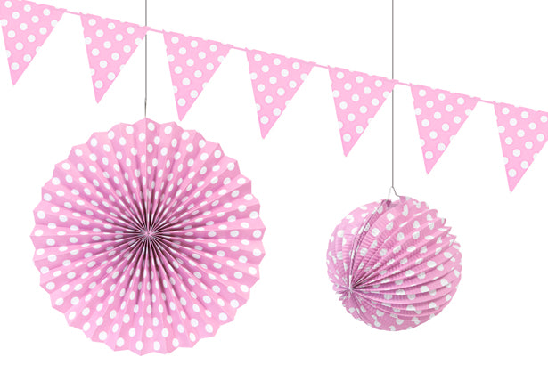 DECORATIONS PAPIER ASSORTIES POIS ( LAMPION, ROSACE ET GUIRLANDE DE 24 FANIONS) ROSE