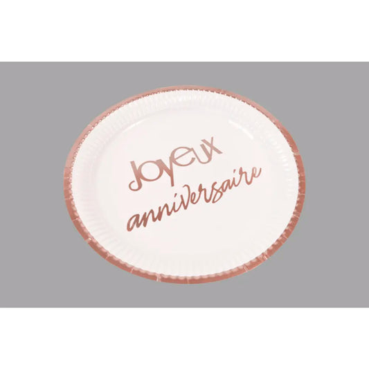 6 Assiettes en Cartons D23cm - Joyeux Anniversaire Rose Gold