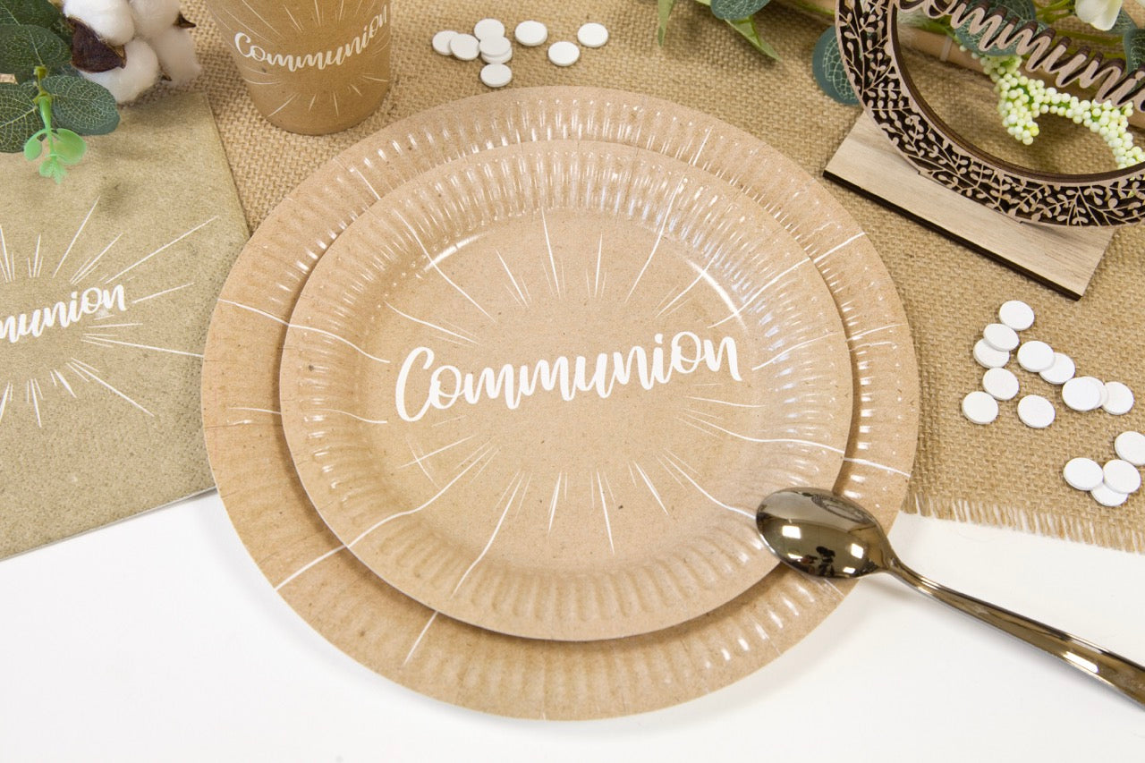 Assiette en carton "Communion" effet kraft impression blanc