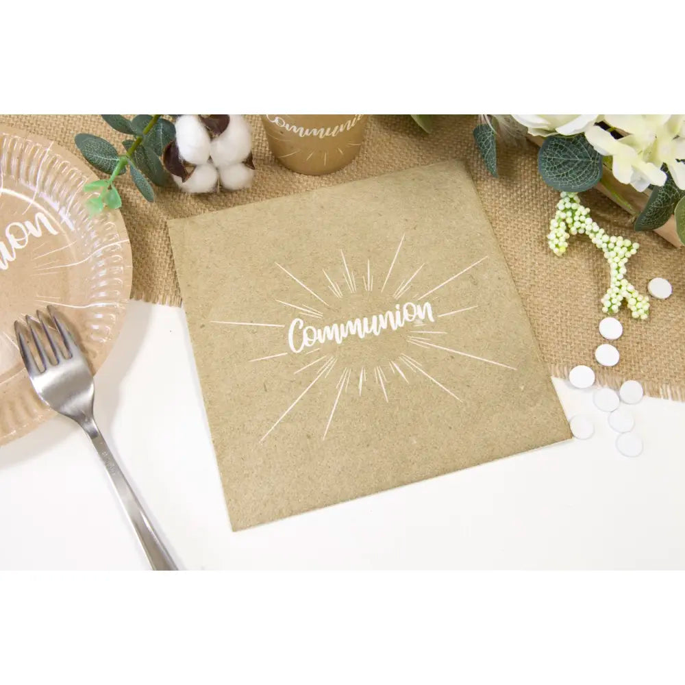 20 Serviettes en Papier 33x33cm - "Communion" effet Kraft impression Blanc