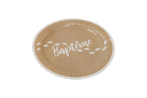 Assiette en carton "Baptême" effet kraft impression blanc