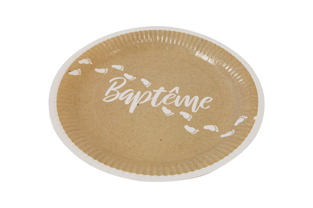 Assiette en carton "Baptême" effet kraft impression blanc