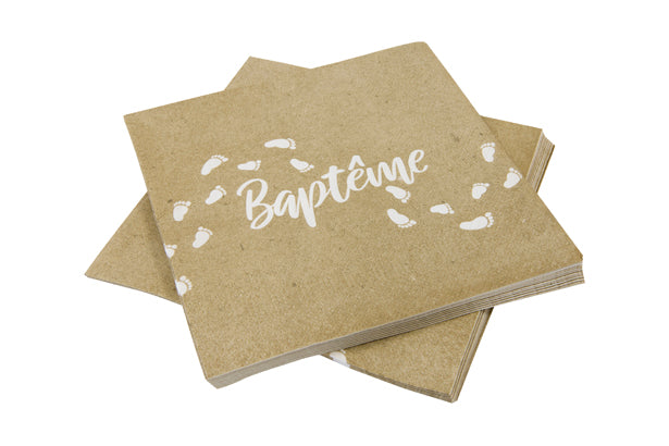 Serviette en papier "Baptême" effet kraft impression blanc