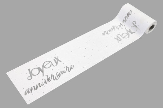 SUR CHEMIN DE TABLE TOILE IMPRESSION METAL JOYEUX ANNIVERSAIRE 14 cm / 4 m