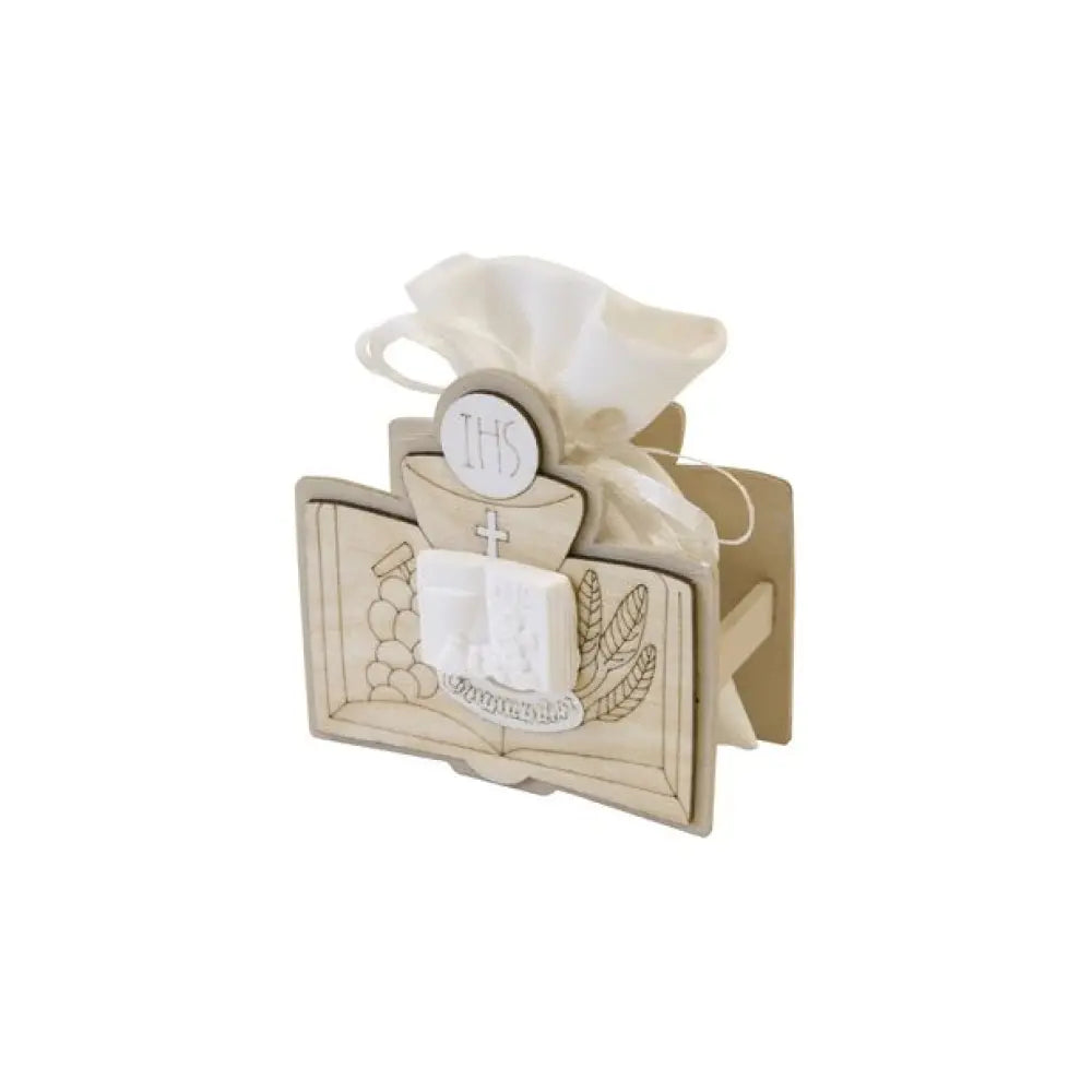 Sujet pour dragées en bois avec pochon toile - 8x7,5x4cm