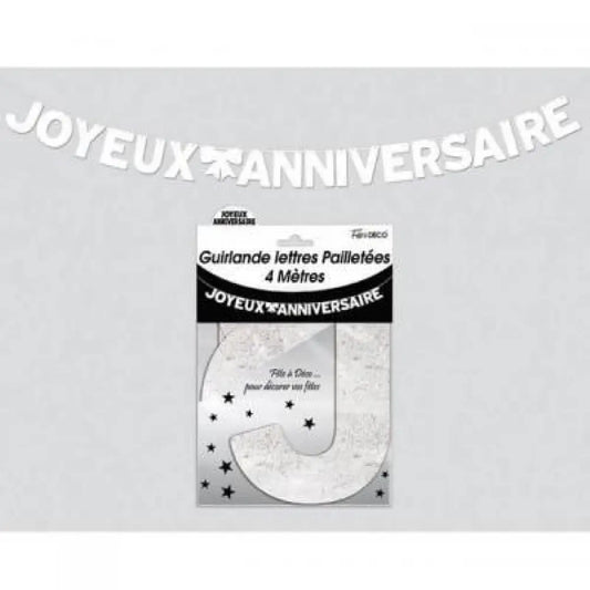 Guirlande Lettres Paillettes 4m ''Joyeux Anniversaire'' - Blanc