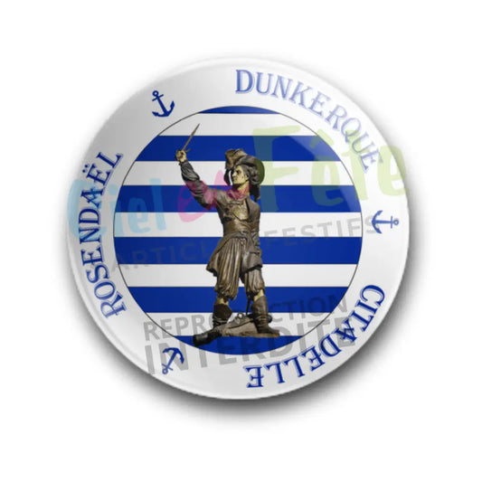 Badge Epingle 56mm - Dunkerque Citadelle Rosendaël & Jean Bart rayé bleu