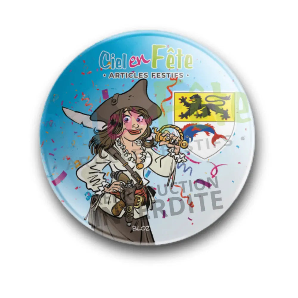 Badge Epingle 56mm - Femme corsaire & blason de Dunkerque