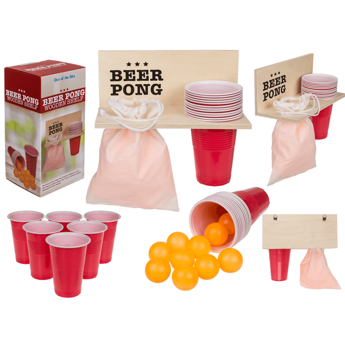 Beer Pong avec rangement en bois, incl. 12 gobelets et 12 balles, env. 25 x 12 x 15 cm