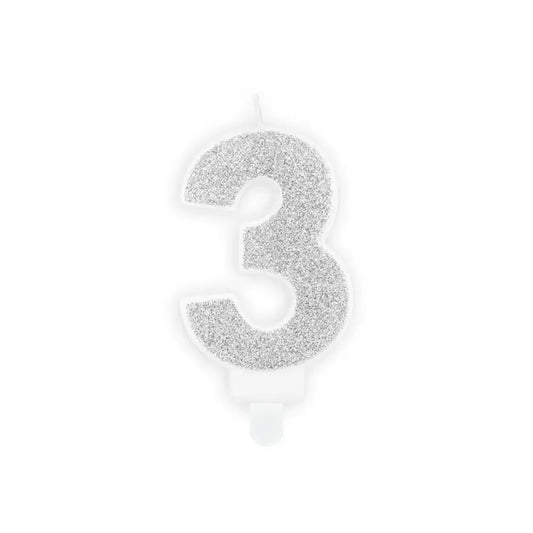 Bougie Chiffre Paillettes "3" - Argent