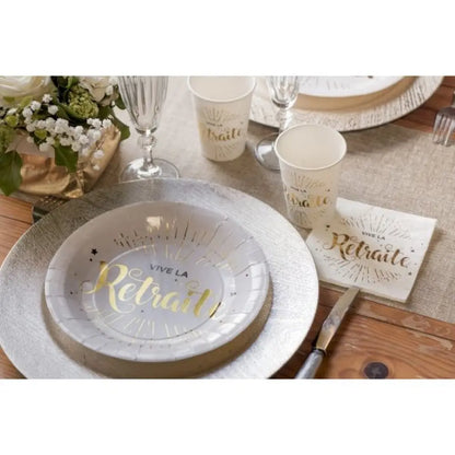 10 Assiettes en Carton D22.5cm - Vive la Retraite Blanc