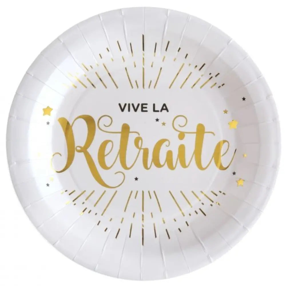 10 Assiettes en Carton D22.5cm - Vive la Retraite Blanc